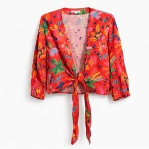 Beautiful Maison d'Amelie Colorful Red Floral Linen Tie Blouse